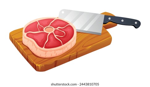 Fresh raw beef meat steak with knife on cutting board. Vector illustration isolated on white background