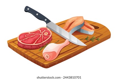 Fresh raw beef steak, chicken leg, and salmon steaks with knife on cutting board. Vector illustration isolated on white background