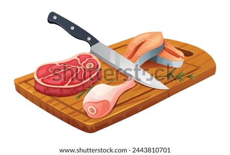 Fresh raw beef steak, chicken leg, and salmon steaks with knife on cutting board. Vector illustration isolated on white background