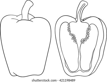Fresh raw bell pepper and sliced bell pepper with seeds. Isolated set