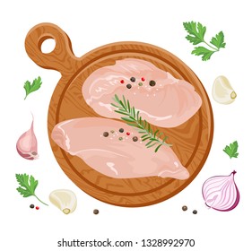 Fresh raw chicken fillet on cutting wooden board isolated on white background. Meat ready for cooking. Chicken breast and  onions, garlic, parsley, peppercorns, allspice, rosemary. Vector illustration