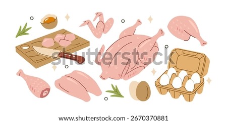 Fresh raw chicken meat and eggs set. Breasts filet, drumsticks, thighs, wings and other poultry carcass parts and products. Grocery market concept. Vector illustration.