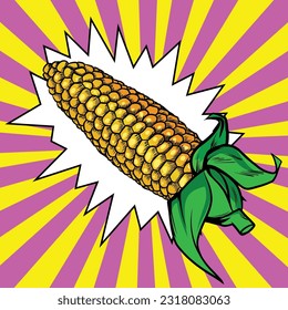 Fresh raw corn cob with leaves on pop art style background. Hand drawn vector illustration. Comic book style, retro, vintage illustration vector
