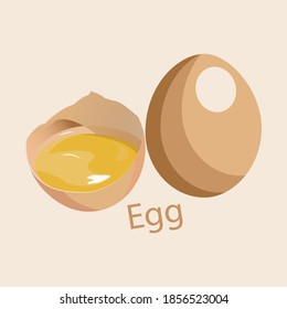 Fresh raw egg, whole and in section, with liquid yolk. 
healthy lifestyle. Diet. Natural product.