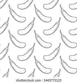 Fresh raw eggplant. Vector concept in doodle and sketch style. Hand drawn illustration for printing on T-shirts, postcards. Seamless pattern for textile, paper wrap. Texture background.