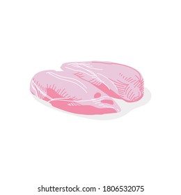 Fresh raw fillet chicken meat part. Uncooked nutritious dietary product. Butchery shop, farm market or processing plant design vector illustration isolated on white background
