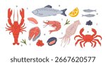 Fresh raw fish and seafood set. Shrimp, crab, squid, salmon and over fish products. Grocery market concept. Vector illustration.