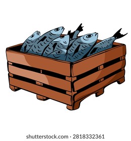 Fresh raw fish in wooden crate hand drawn cartoon icon for food packaging Vector illustration