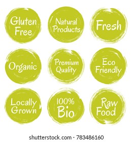 Fresh raw food, eco friendly locally grown natural products, premium quality organic, gluten free, bio round labels vector collection. Grunge food etiquette logo stamps, packaging icons.