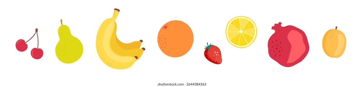 Fresh raw fruit border repeat design. Summer healthy food frame element. Simple flat fruits in a line. Ripe cherry, citrus - lemon and orange, pomegranate, banana bunch, pear, apricot, strawberry.