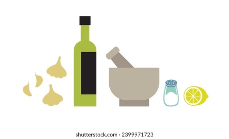 Fresh raw ingredients for aioli sauce making. Horizontal flat vector illustration isolated on white background.