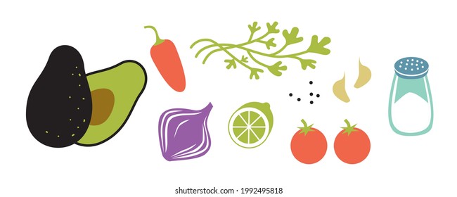 Fresh raw ingredients for guacamole. Horizontal vector illustration isolated on white.