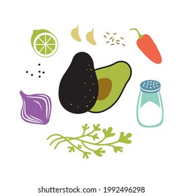 Fresh raw ingredients for guacamole. Square vector illustration isolated on white.