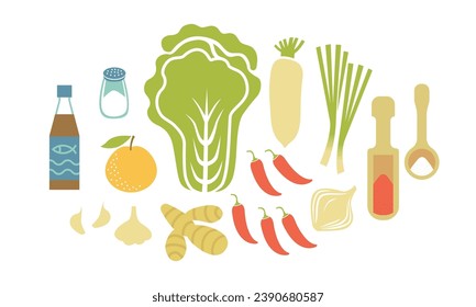 Ingredientes frescos para la fabricación de kimchi. Ilustración vectorial plana horizontal aislada en fondo blanco.