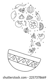 Fresh raw ingredients for mexican tomato sauce salsa fall into the bowl. Flat vector illustration on white