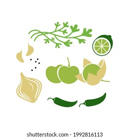 Fresh raw ingredients for salsa verde or green salsa. Vector illustration isolated on white.