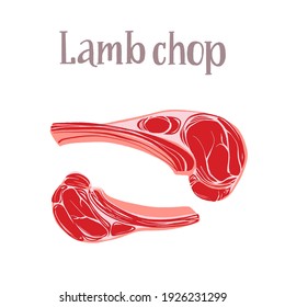 Fresh raw lamb chop. Protein healthy nutrition product. Vector hand drawn flat isolated illustration with lettering for your design on white background.