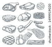 Fresh raw meat collection, sketch vector illustration. Hand drawn food isolated design elements. Pieces of beef steak, ham, pork fillet, lamb chops.