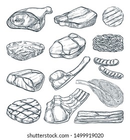 Fresh raw meat collection, sketch vector illustration. Hand drawn food isolated design elements. Pieces of beef steak, ham, pork fillet, lamb chops.