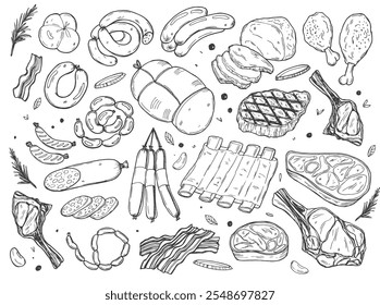 Colección de carne cruda fresca, Ilustración vectorial de croquis. Dibujado a mano alimentos Elementos de diseño aislados. Trozos de carne de res, jamón, filete de cerdo, chuletas de cordero.