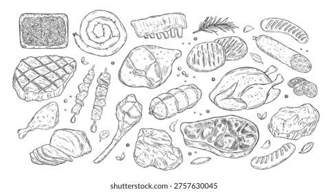 Colección de carne cruda fresca, Ilustración vectorial de croquis. Dibujado a mano Elementos de diseño aislados de alimentos. Trozos de carne de res, jamón, filete de cerdo, chuletas de cordero.