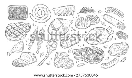 Fresh raw meat collection, sketch vector illustration. Hand drawn food isolated design elements. Pieces of beef steak, ham, pork fillet, lamb chops.