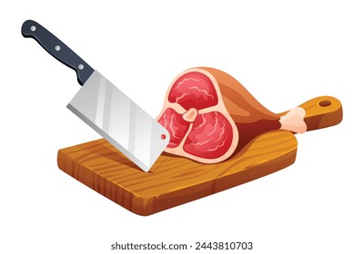 Fresh raw meat with knife on cutting board. Vector illustration isolated on white background