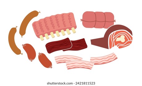 Recogida de carne fresca cruda y salchichas. Ilustración vectorial plana aislada en fondo blanco.