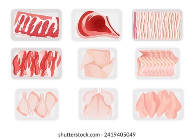 Fresh raw meat in white plastic containers set. Top view of supermarket or butcher shop trays with polyethylene transparent wrap, beef and pork slices, poultry and ham cartoon vector illustration