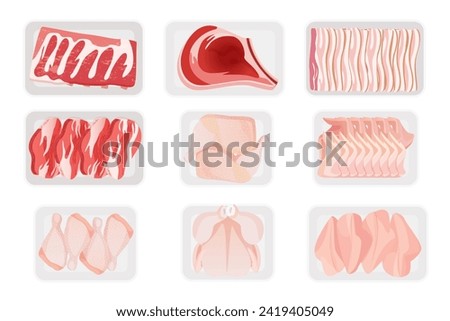 Fresh raw meat in white plastic containers set. Top view of supermarket or butcher shop trays with polyethylene transparent wrap, beef and pork slices, poultry and ham cartoon vector illustration