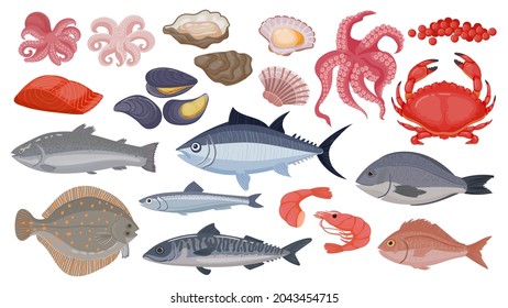 Frischer roher Ozean- und Seefisch, Thunfisch, Lachs und Hering. Cartoon-Meeresfrüchte, Garnelen, Muscheln, Kammmuscheln, Austern und Kaviar, Schalentiere, Vektorset. Meeresprodukte für kulinarische Zwecke im Restaurant oder Café