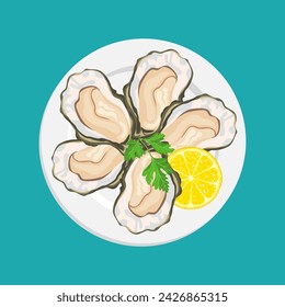 Fresh raw oysters with lemon in plate. Top view. Vector cartoon illustration of seafood.