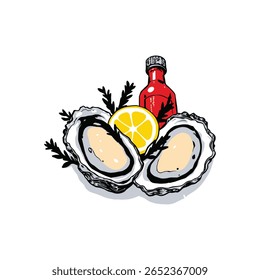 Ostras cruas frescas na meia concha com molho quente de fatia de limão e ervas ilustração vetor para um design de menu de aperitivo de frutos do mar gourmet