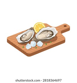 Fresh Raw Oysters on the Half Shell with Lemon and Ice Cubes on Wooden Cutting Board Illustration