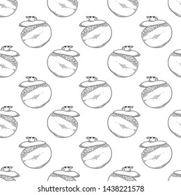 Fresh raw pomegranate. Vector concept in doodle and sketch style. Hand drawn illustration for printing on T-shirts, postcards. Seamless pattern for textile, paper wrap. Texture background.