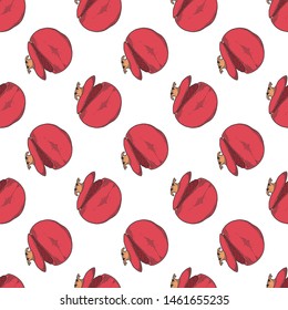 Fresh raw pomegranate. Vector concept in doodle and sketch style. Hand drawn illustration for printing on T-shirts, postcards. Seamless pattern for textile, paper wrap. Texture background.