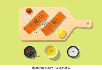 Fresh raw salmon fish and spices on wooden cutting board, food preparation, vector, illustration