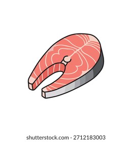 Rebanada de filete de pescado crudo de salmón fresco con Ilustración vectorial de piel y huesos aislada sobre fondo blanco.