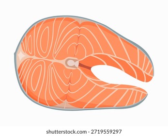 Ilustración vectorial de filete de salmón crudo fresco aislado en blanco. Filete de pescado rosa con marmoleo de grasa, ingrediente saludable de mariscos para cocinar y dieta