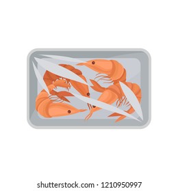 Fresh raw shrimps packaging, food plastic tray container with transparent cellophane cover vector Illustration on a white background