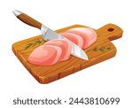 Fresh raw sliced meat with knife on cutting board. Vector illustration isolated on white background
