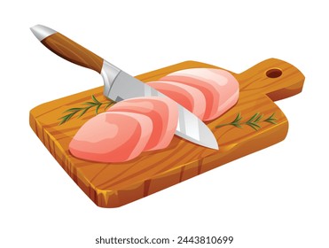 Carne cruda fresca cortada con cuchillo en tabla de cortar. Ilustración vectorial aislada sobre fondo blanco