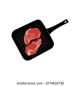 Fresh raw steak on a grill pan on a white background. Vector image.