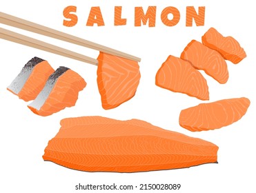 Fresh raw trout salmon fish set sliced piece, ingredient of fillet steak, Scandinavian Norwegian food, sashimi sushi Japanese style, Pescetarian seafood cooking, healthy nutrition meal. flat vector.
