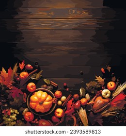 Verduras frescas en una tabla oscura, mesa. Marco de verduras, hierbas. Cosecha, cocina, fondo otoñal. Marco de comida orgánica. Concepto de Acción de Gracias o Halloween. Ilustración vectorial.