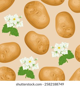 Fresh raw whole potatoes and flowering plant. Seamless pattern. Vector cartoon flat illustration. Root vegetables background