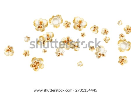 Fresh and ready to eat fluffy popcorn scattered vector design. Ideal for movie theater promotions. Individual popcorn pieces are randomly arranged.