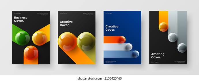 Fresh realistic balls company brochure illustration composition. Geometric book cover A4 design vector template bundle.