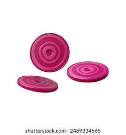 Fresh realistic beets in 3D. Cartoon style vector illustrations show round beet slices from different angles and are perfect for culinary and vegetarian themes.