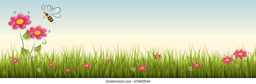 Fresh realistic green grass with red flowers - vector illustration 